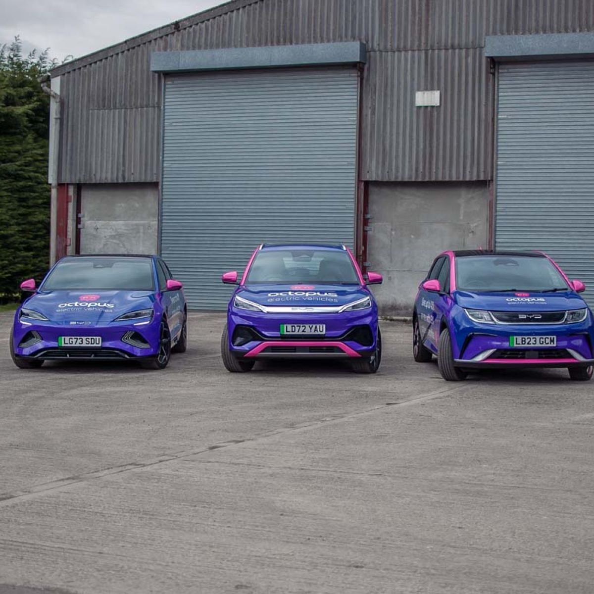 Three Octopus Electric Vehicles branded electric cars parked outside an industrial building.