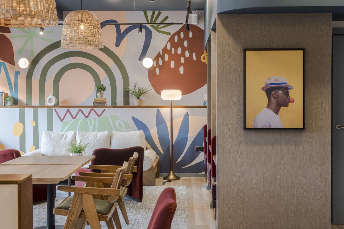 Communal area decorated with vinyl wallpaper