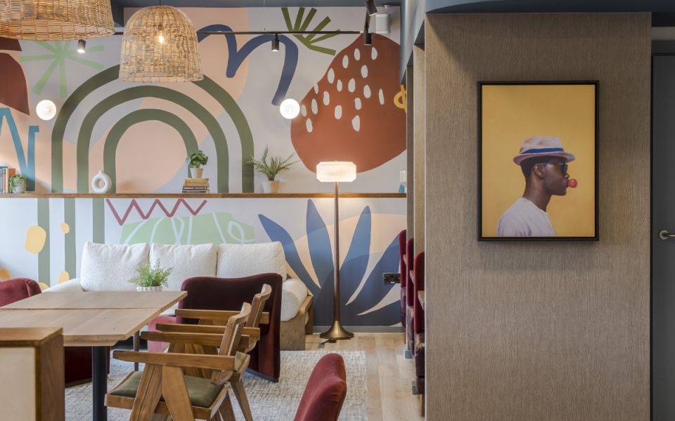 Communal area decorated with vinyl wallpaper